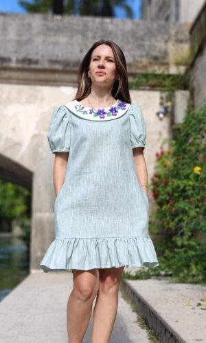 linen dress embroidery collar violettes